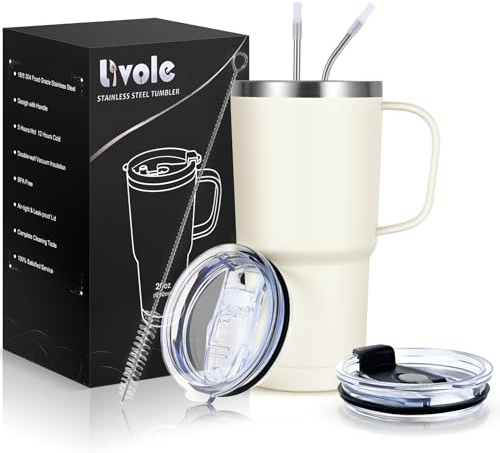 Livole 600ml Thermobecher mit Henkel, Vakuum Kaffeebecher Thermo, Edelstahl Thermobecher mit Strohhalm und Deckel, 20oz Doppelwandig Trinkbecher Reisebecher, coffee to go becher, Wollweiß