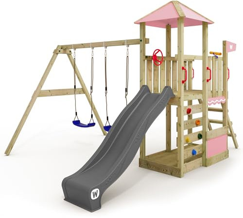 WICKEY Spielturm Klettergerüst Smart Savana mit Schaukel & pastellpinker Rutsche, Outdoor Kinder Kletterturm mit Sandkasten, Leiter & Spiel-Zubehör für den Garten
