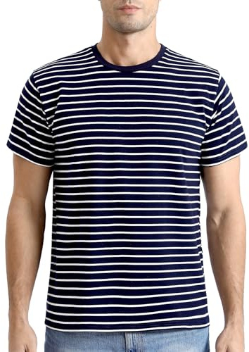 COSAVOROCK T-Shirts à Manches Courtes Homme Coton Marin Chemise Rayé, Marine et Blanc, M