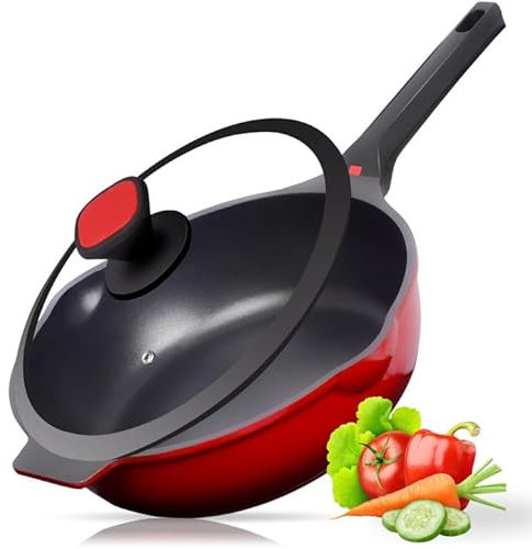 GREAGLE Nonstick Deep Frying Pan Skillet with Lid, 12 inch/ 5 QT Saute Pan, Sauce Pan Cookware Cooking Chef Pan, Induction Compatible, Cast Aluminum Ruby Red