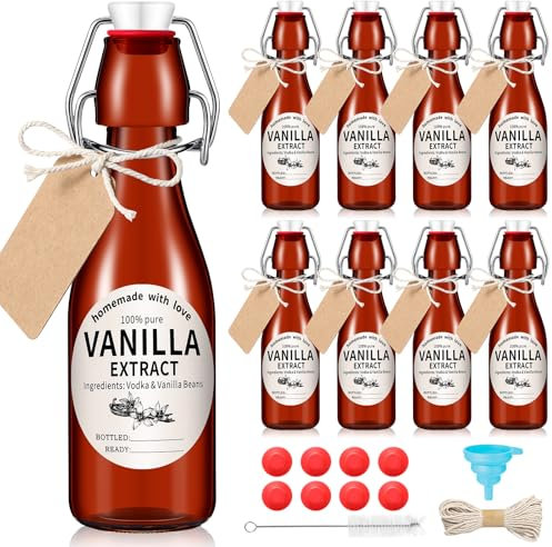 Vesici Juego de 35 botellas de vidrio con tapa oscilante, botellas de extracto de vainilla con tapones herméticos, calcomanías, tapas, cepillo, embudo, etiquetas de cuerda, botellas de extracto de
