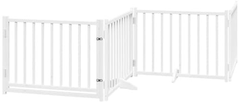 vidaXL Hundgrind med dörr vikbar 4 paneler vit 320 cm massivt granträ, husdjursgrind, hundgrind för trappor, valpgrind för trappor