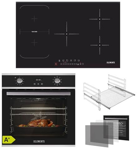 KB ELEMENTS Kit de cuisinière autonome - Four encastrable 60 cm 70 l - Plaque à induction 5 zones - 9 fonctions - Triple vitrage de protection thermique - Fonction rôtisserie - Classe d'efficacité