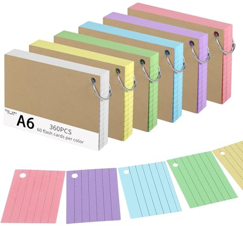 360 Pcs A6 Ruled Index Cards with Metal Binder Ring,Double-Sided Lined Revision Flash Cards