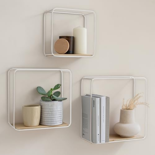 Kazai. Wandregal-Set -Jona- | 3-Teiliges Hängeregal aus Metall und Echtholz-Veneer | Wanddeko und Ablage für Bad, Wohnzimmer, Küche, Schlafzimmer und mehr | Birke, weiß