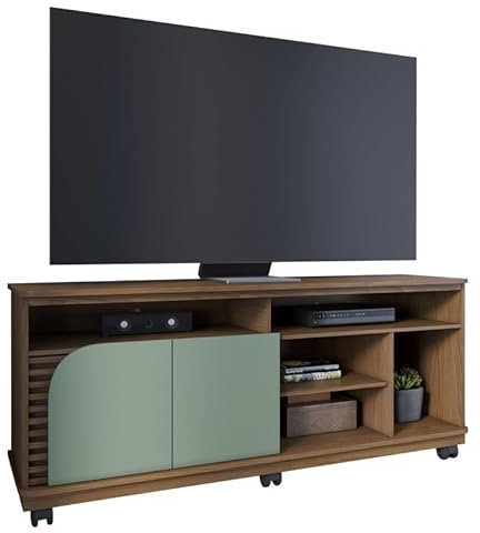 Meuble TV 65 Pouces Vert Olive et Chêne 2 Portes 7 Niches roulettes L 150 H 63.2 P 39.3 cm