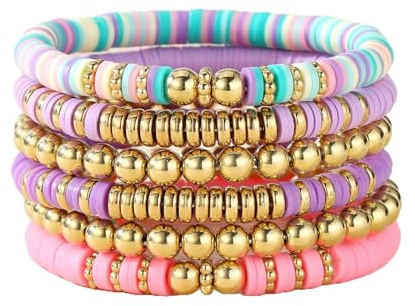 6 Stück Buntes Freundschaftsarmband-Set, Surfer Armbänder Sommer Strand Armband Acryl-Rohrperlen-Stretch-Armband Freundschaftsarmbänder Preppy Stackable Bracelets für Frauen Mädchen, Mischfarbe