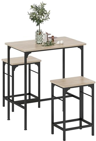 HOMCOM Ensemble Table de Bar avec tabourets, Table à Manger Debout avec 2 chaises de Bar, Cadre en Acier pour Cuisine, Salle à Manger et Salon, Effet Bois Naturel