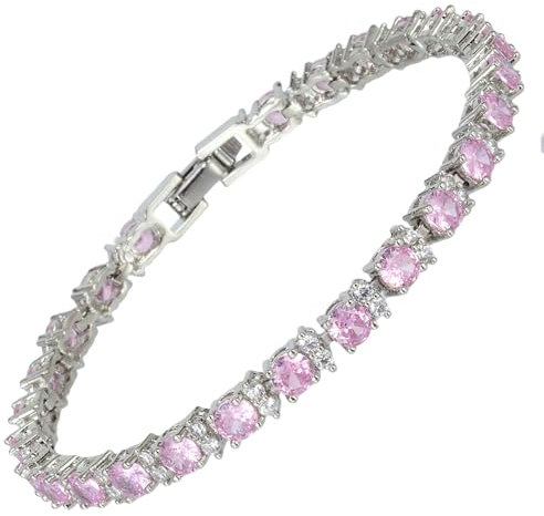 RIZILIA Eternity Tennis Bracelet & Round Cut Pink Sapphire Color Cubic Zirconia in 18K White Gold Plated, 18 cm (7 Inch)