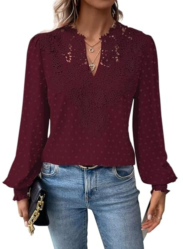 TUUHAW Ropa Mujer Camiseta Manga Larga Mujer V-Cuello Otoño Boho Blusa Elegante Tops Volantes Encaje Casual T-Shirt Básica Bohemia Suelta Color Sólido Oficina Cómodo Moda Invierno Túnica Granate XL