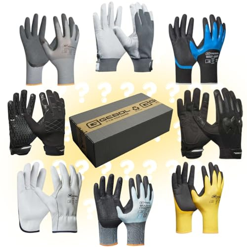Gebol Mystery Box Bau & Montage Arbeitshandschuhe – Set mit mindestens 5 Paar Montagehandschuhen, wechselnder Inhalt, Überraschungsbox mit Mehrwert, Gr. XL (Gr. 10)