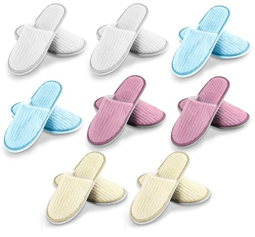 Pantofole in spugna, 8 paia di pantofole per hotel, pantofole multicolore, 28,5 x 11,5 cm, pantofole in spugna, pantofole per ospiti colorate (bianco + beige + rosso + blu)