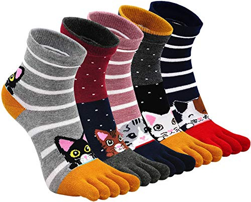 Hellomamma Women's Toe Sock Cute Cat Dog Ankle Sock Cotton Athletic Running Five Finger Socks for Girls Multicolor 5-12
