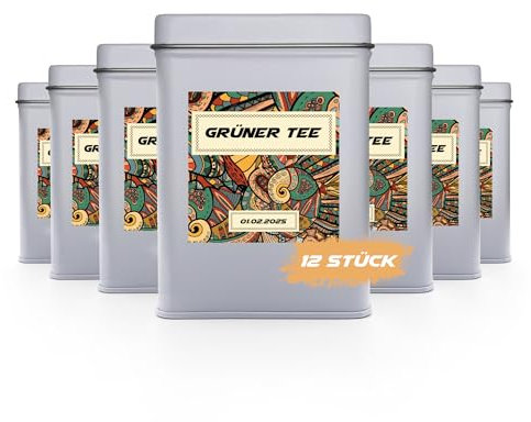 12er Teedosen Set für losen Tee 100g, inkl. Etiketten, Gewürze Aufbewahrung, 76 x 76 x 110mm Teedosen eckig matt weiss, Aufbewahrungsdosen Set, Teedosen Aufbewahrung, Vorratsdosen, Aufbewahrungsbox