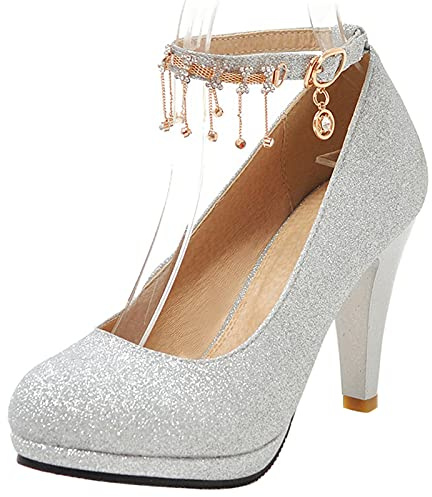 Scarpe da Festa Donna, Scarpe Tacco a Cono Eleganti Scarpe da Sposa Tacco Alto Punta Rotonda con Cinturino alla Caviglia con Plateau Brillantini Argento Numero 46 EU