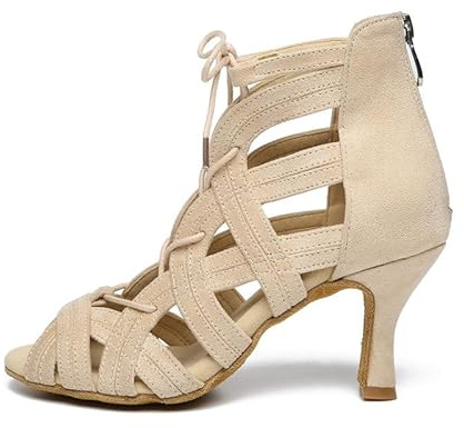 RUYBOZRY Botas de Baile Latino Mujer Botines Punta Abierta con Cordones Zapatos de Baile de Salon Zapatos Baile Latino Mujer,YCL482-Beige-6,EU37