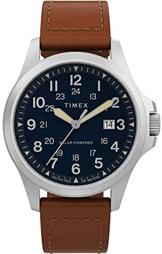 Timex Expedition Field Post Solar TW2V03600 - Reloj solar para hombre con correa de cuero ecológica color marrón, esfera azul y caja de acero inoxidable, 41 mm