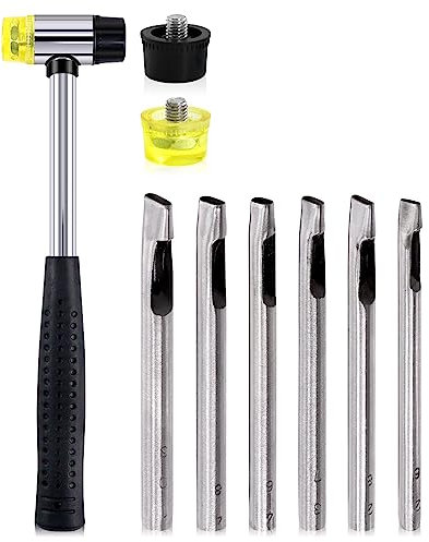 Glarks Juego de 9 martillos de goma y perforadores ovalados, mazo de martillo suave de doble cara con cabezales de repuesto y kit de cortador de agujeros huecos de 6 tamaños para cinturones de cuero,