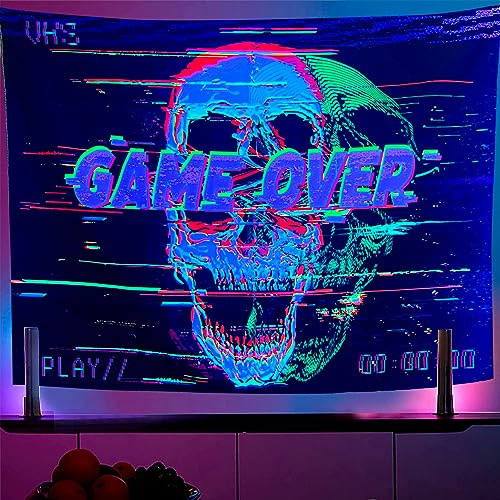 OSVINO Blacklight Skeleton Tapestry 59x51 GAME OVER UV Reactive Wall Hanging Neon Skull Hippie Posters for Halloween Eastern Backdrop Bedroom Dorm Living Room Decor