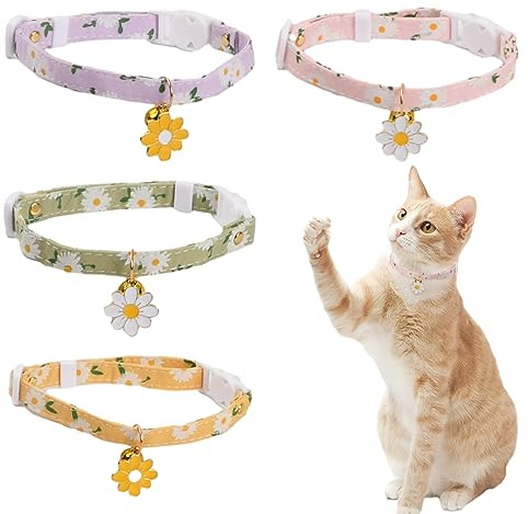 4 Pack Cat Collar with Bell, Adjustable Kitten Collar Cute Daisy Style Cat Collar with Quick Release Buckle, Breakaway Kitten Collar, 18-30cm