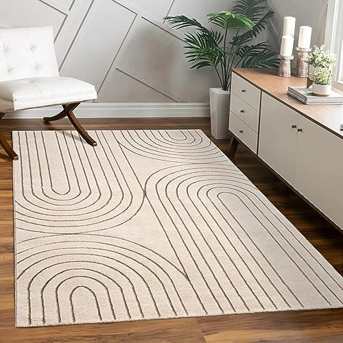 Paco Home Teppich Wohnzimmer Schlafzimmer Moderner Kurzflor glänzendes Palmen-Muster Florales Design Geometrisch Hoch-Tief-Effekt 3D, Grösse:240x340 cm, Farbe:Creme