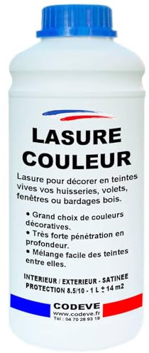 Lasure Bois Couleur - Codeve Bois/Bleu - 1L - Intérieur/extérieur - Pour La Protection En Couleurs Déco De Votre Bois Neuf Ou Ancien.