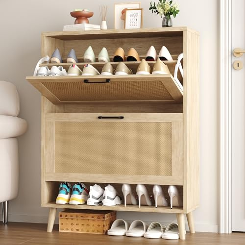 Gadroad Shoe Storage Cabinet with 2 Flip Drawers, Freestanding Hidden Shoe Organizer with Wood Legs, Farmhouse Rattan Shoe Rack for Entryway, Living Room, and Bedroom (Natural)