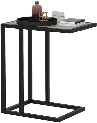 HOMCOM C Shape End Table w/Metal Frame Sofa Side Table Narrow Snack Coffee Table for Living Room, Grey Marble Effect