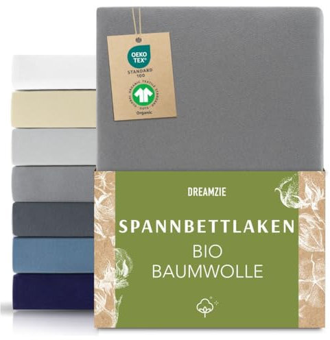 Dreamzie Premium Spannbettlaken 120x200 cm bis 130x200 cm Anthrazit, Spannbetttuch aus 100% Jersey Biobaumwolle, 150 g/m² - Oeko-TEX