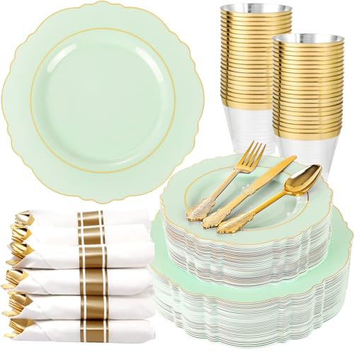 Liacere 350PCS Light Green Plates - Disposable Green and Gold Plastic Plates 50guest Baroque Dinnerware include 100Plates,50Pack Pre Rolled Napkins with Silverware 50Cups for Wedding ＆ Party & Spring