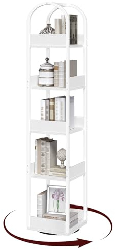 MAHANCRIS Scaffale Girevole 4/5 Ripiani con Pannelli di Protezione, Libreria Angolare, Libreria a Colonna, Scaffale Portaoggetti da Pavimento, Espositore per Soggiorno Studio Ufficio, Bianco