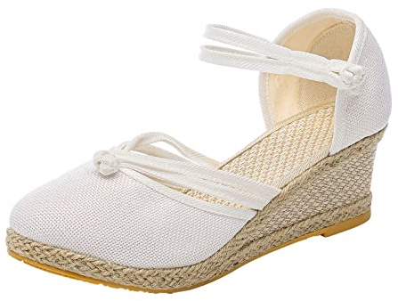 Chaussures d'été pour femme avec talon - Élégantes - Espadrilles blanches - Chaussures de loisirs en lin - Fermées à l'avant - Sandales compensées épaisses - Séchage rapide, Blanc., 39 EU