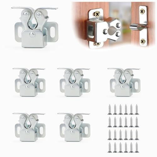 Gabinete Pestillo Puerta,6 PCS Cierre Puerta Pestillo de Doble Rodillo para Puertas de Armario Gabinete y Muebles con Tornillos Cierre Puerta Pestillos para Puertas Color Plateado