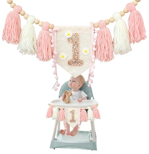 GlamRays Boho 1st Birthday High Chair Banner Party Decoration for Girls Baby Shower Wall Hanging Decor for Kids Room (with Daisy Pattern Pink and White)