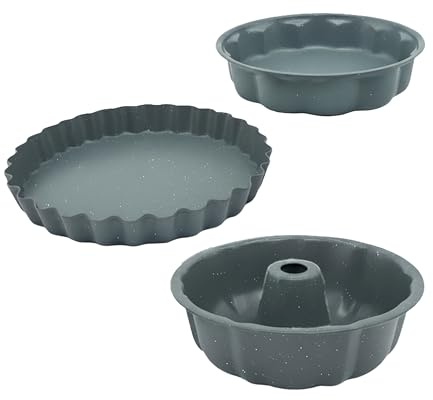 Relaxdays Bakform, uppsättning av 3, Ø 25,5/27,5/28 cm, non-stick, Gugelhupfform, fruktbottenform, runda kakformar, stål, grå