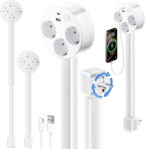 Expander de Enchufe Giratorio Extensible - 3 Tomas de Corriente alterna y Puertos USB, Ajustable de 18-26 Pulgadas para Muebles Traseros y Espacios Apretados