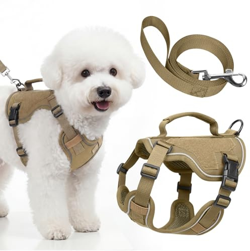 Ledeak Harnais Chien avec Laisse, Arnet pour Chien Réfléchissant Réglable Facile à Mettre, Respirante, sans Étranglement, Harnet pour Petits et Moyens Chiens pour Promenade, Harnais Chiot (Kaki, XXS)