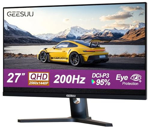 GEESUU 27-tums PC-spelarskärm, QHD 1440p, 200 Hz dator, 1ms, IPS, 95% DCI-P3, 1200:1, Eye Care Screen, Gaming HDMI 2.1 och DP 1.4
