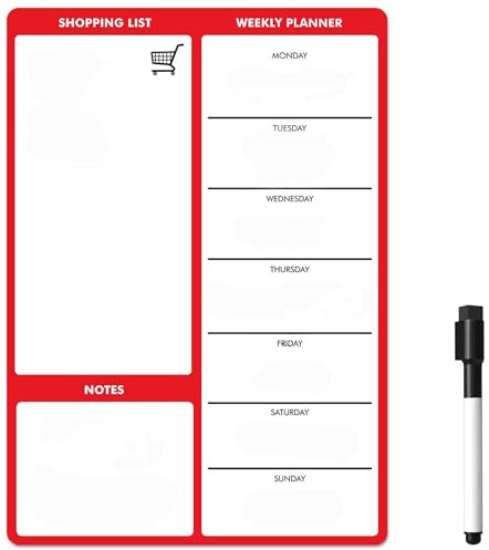 TMS Magnetic Weekly Planner and Dry Wipe Pen, Meal Planner and Shopping List, Fridge Whiteboard for Meal Prep, Notes and Reminders, Daily Plan - Dry Erase Memo Board, Kitchen or Office (Red, A4)