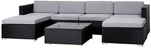 EVRE Nevada Rattan Garden Furniture Set, 6 Seater Modular Corner Sofa with Coffee Table, 2 Footstools & Cushions, Outdoor Garden Sofa Set for Patio, Conservatory & Balcony(Black).