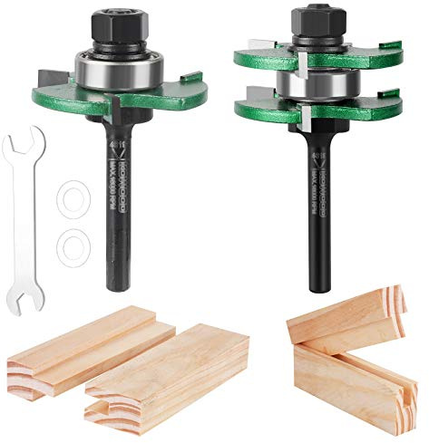 KOWOOD Pro Tongue and Groove Set of 2 Pieces 1/4 Inch Shank Router Bit Set 3 Teeth Adjustable T Shape Wood Milling Cutter