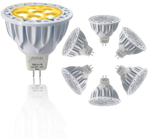 JSVSAL MR16 LED Light Bulb 5W Replace 50W Halogen Equivalent,Dimmable,2700K Warm White, AC/DC 12 Volt,GU5.3 Bi-Pin Base,40 Degree Spot Lighting for Indoor/Outdoor Landscape Track Bulbs,6-Pack