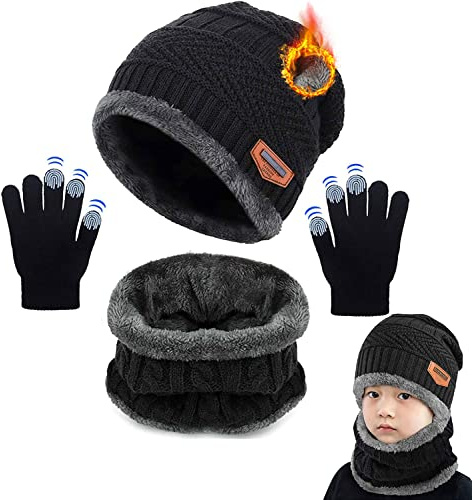 CheChury Niños Sombrero Caliente de Punto y Bufanda Guantes Tubular con Forro de Lana Niña Invierno Calentar Gorro Bufanda Sombrero Bufandas Set Tejido Gorro Punto Regalos