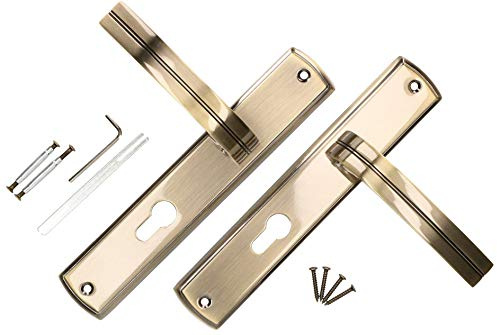 KOTARBAU® Juego de manillas para puerta, Manilla con agujero de cilindro en Zamak 72 mm, Manijas de puerta de placa rectangular larga, Manetas interior y exterior, Picaportes acabado cuero, Oro viejo