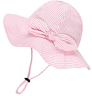 Baby Girl Floppy Sun Hat Breathable Infant Toddler Kids Striped Bow Summer Cotton Cap UPF 50+ Sun Protection Bucket Hats