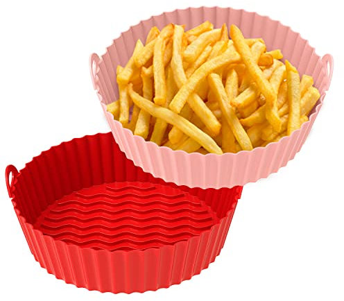 OUTXE 2-Pack Silikonform für Heißluftfritteuse 20cm Wiederverwendbarer Silikon Heißluftfritteuse Zubehör für 3-5L Heißluftfritteuse Ofenzubehör(Rosa + Rot)