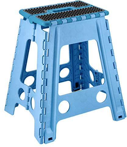 Folding Step Stool-17 Inches Height, Premium Quality Plastic Foldable Stool, Anti-Slip Rubber Grip, Super Strong Stepping Stool with Carrying Handle, Step up tool for Adults (Blue with Black top)