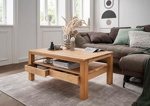 DEINE TANTE EMMA 2134 Couchtisch Bora Wohnzimmertisch mit 2 Schubladen Eiche massiv ca. 110 x 48 x 70 cm