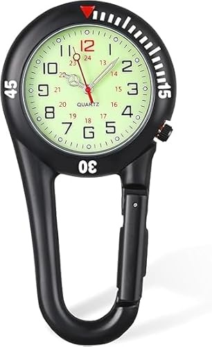 QESSUVNC Clip On FOB Watch, Pocket Carabiner Watch Black Luminous Dial Quartz Watch Safety Clips Climbing Camping Watch for Doctors Nurses Paramedics Chefs Sport Unisex Women Men