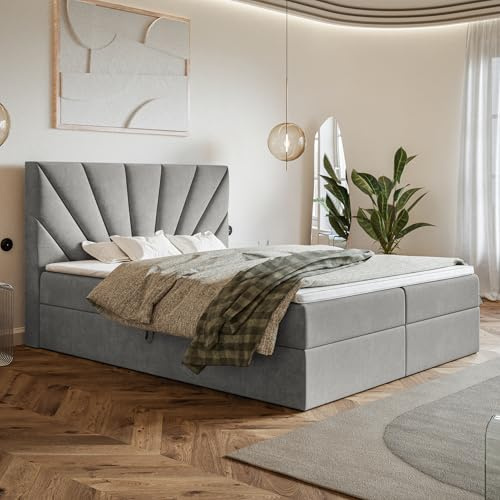 MOTIVENA Aspen Boxspringbett 180x200 mit Bettkasten und Topper, Polsterbett 180x200 mit Bettkasten, Bonellfederkern-Matratze (H4), T28 Komfortschaumstoff Topper (H3), Samt, Grau (Hellgrau)